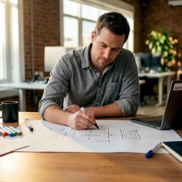 Softwareentwickler konzipiert die Architektur eines Headless CMS