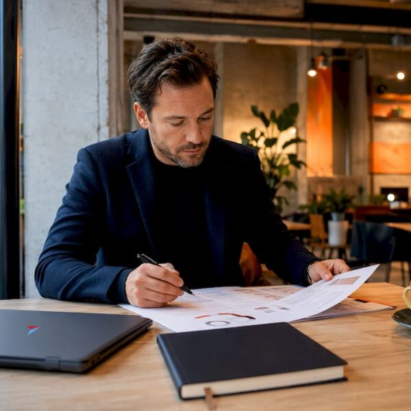 Ein Marketingexperte prüft und analysiert die GEO-Strategieunterlagen auf ihre Effektivität und Potenziale.
