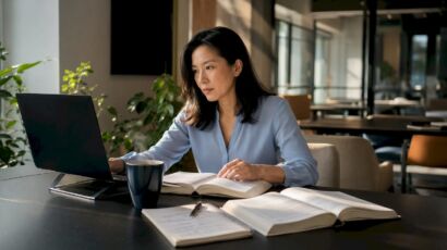 Moderner Arbeitsplatz für Frauen mit Fokus auf Datenpipeline-Architekturen