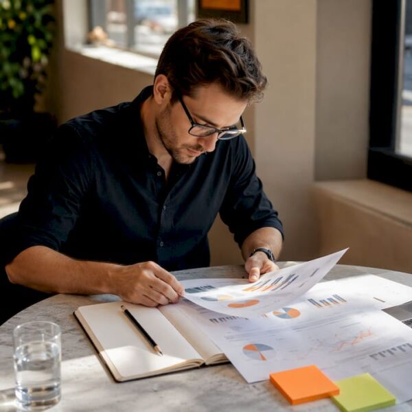 Ein SEO-Experte analysiert Datensätze in einem modernen Coworking Space.