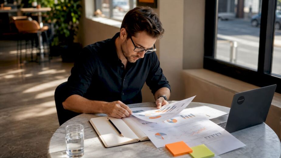Ein SEO-Experte analysiert Datensätze in einem modernen Coworking Space.