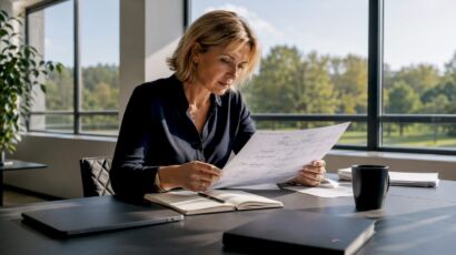 Eine Mitarbeiterin überprüft im Büro Unterlagen zu KI-Agenten.