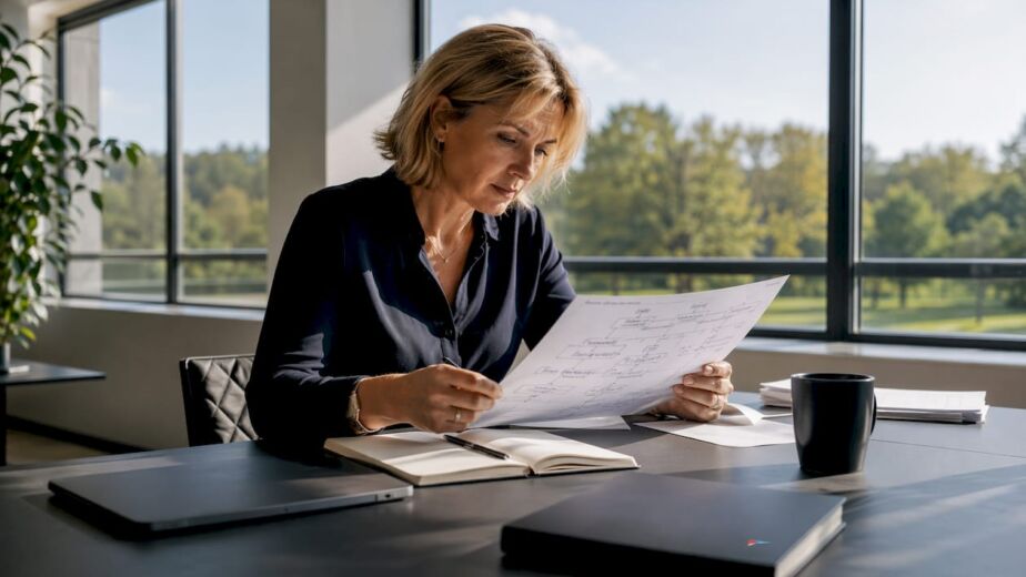 Eine Mitarbeiterin überprüft im Büro Unterlagen zu KI-Agenten.