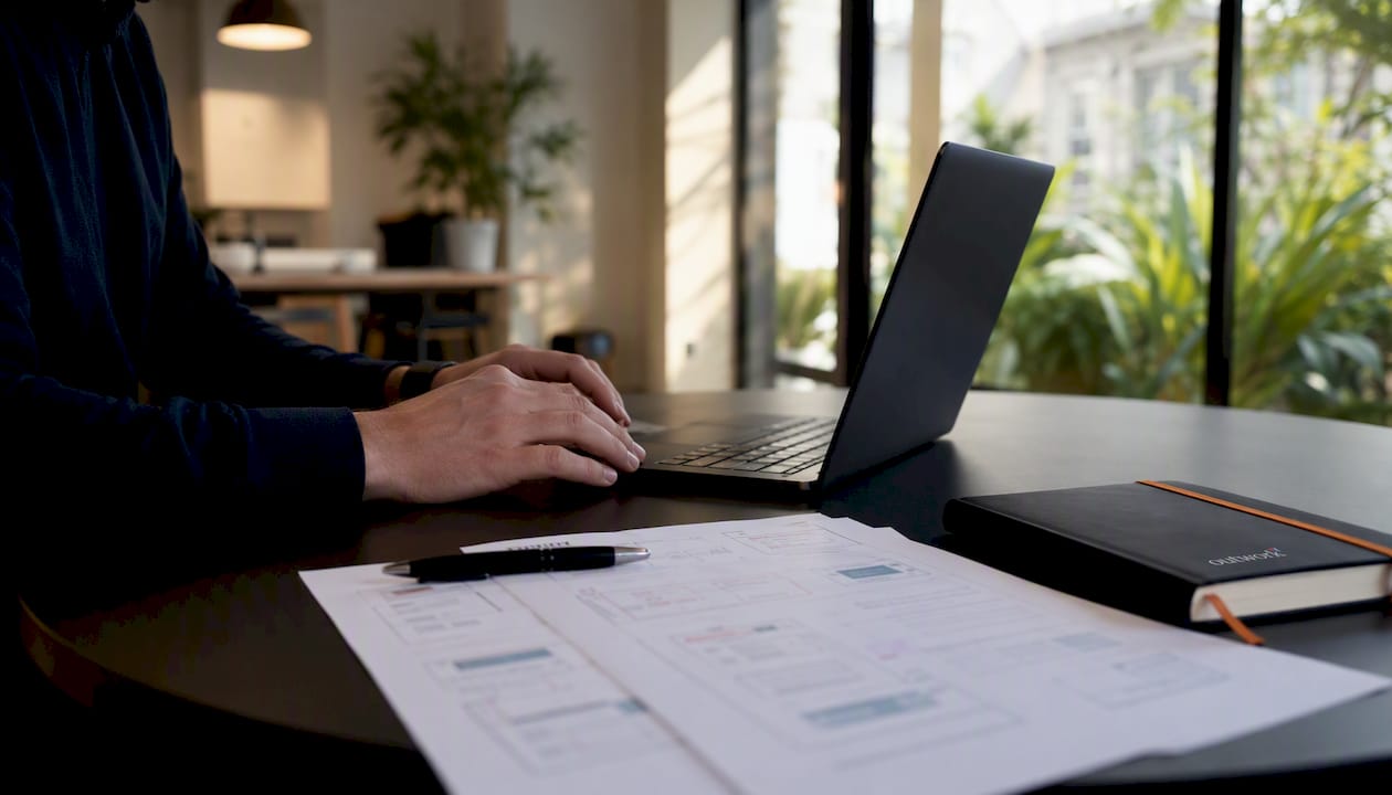 Die Hände eines IT-Profis, die Notizen zu technischen Themen machen