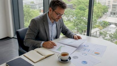 Eine Schweizer HR-Leiterin prüft ausgedruckte Auswertungen von Personio und BambooHR auf ihrem Schreibtisch.