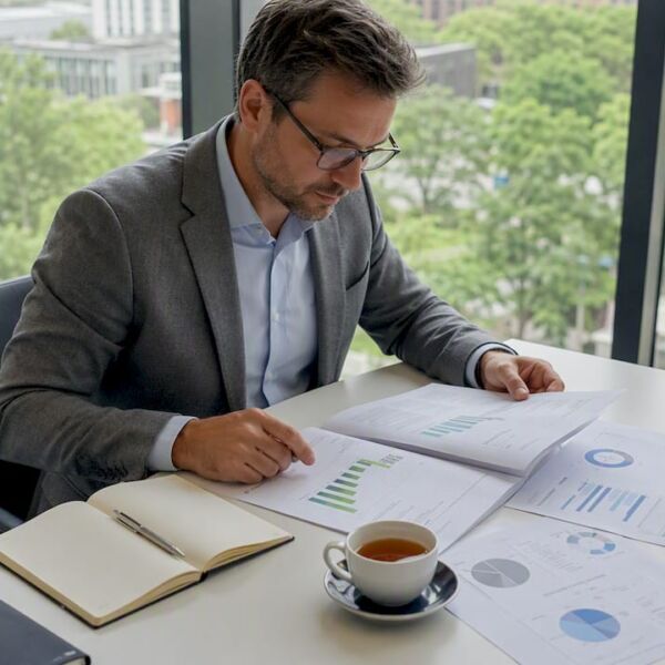 Eine Schweizer HR-Leiterin prüft ausgedruckte Auswertungen von Personio und BambooHR auf ihrem Schreibtisch.