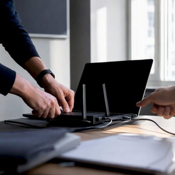In einem modernen Büro werden Netzwerkkabel von Hand angeschlossen.