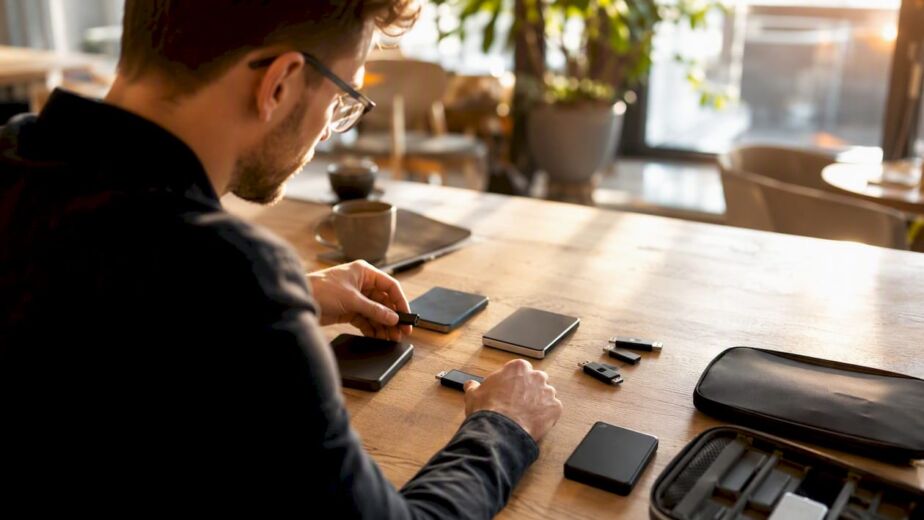 Ein Paar Hände sortiert verschiedene Speichermedien auf einem Schreibtisch und sorgt für Ordnung im digitalen Arbeitsbereich.