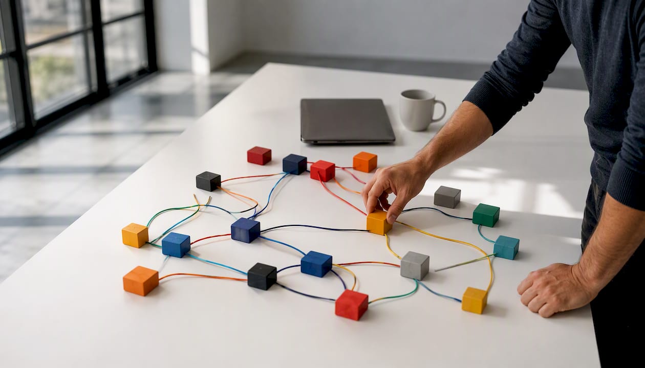 Eine Hand ordnet Bausteine, die für die Vernetzung von IT-Systemen stehen.