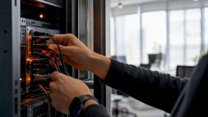 Hände schließen Kabel an einem Serverschrank an.