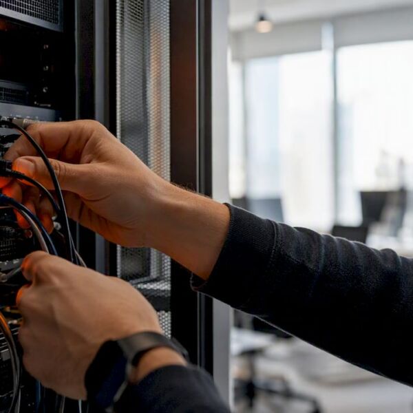 Hände schließen Kabel an einem Serverschrank an.