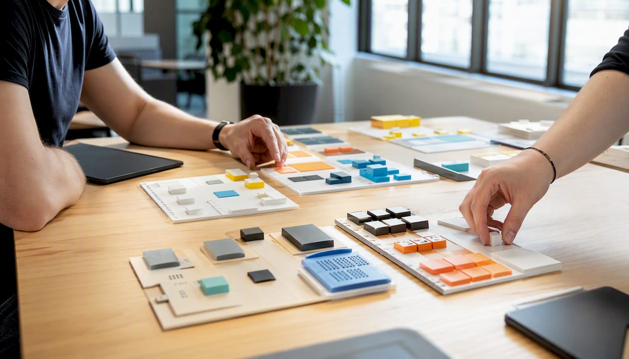 Hände ordnen einzelne Bausteine eines modularen Designs an.