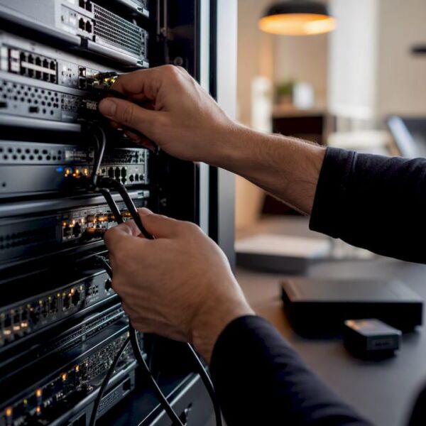 Fachkundige Hände verkabeln einen Server, um die technische Grundlage für eine verantwortungsvolle KI-Steuerung zu schaffen.