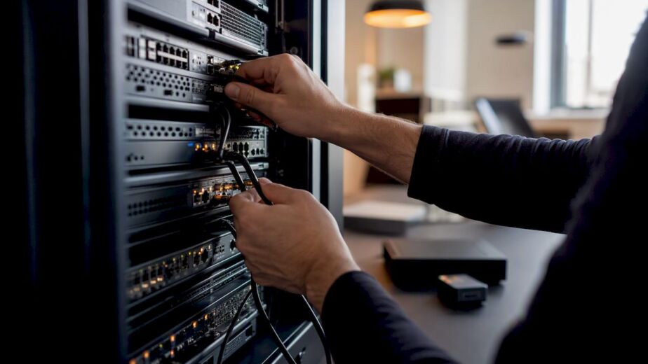 Fachkundige Hände verkabeln einen Server, um die technische Grundlage für eine verantwortungsvolle KI-Steuerung zu schaffen.