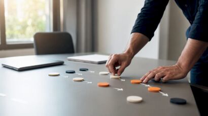 Hände ordnen Bausteine eines Workflows für Marketing-Automatisierung