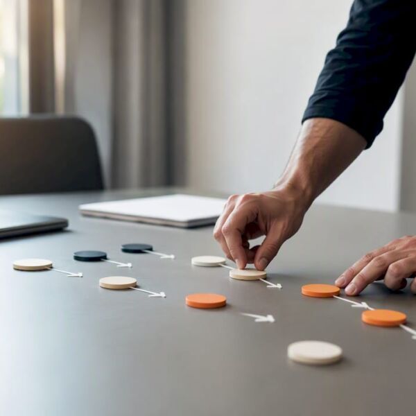 Hände ordnen Bausteine eines Workflows für Marketing-Automatisierung