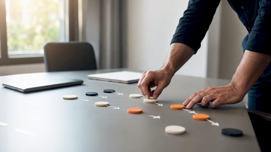 Hände ordnen Bausteine eines Workflows für Marketing-Automatisierung