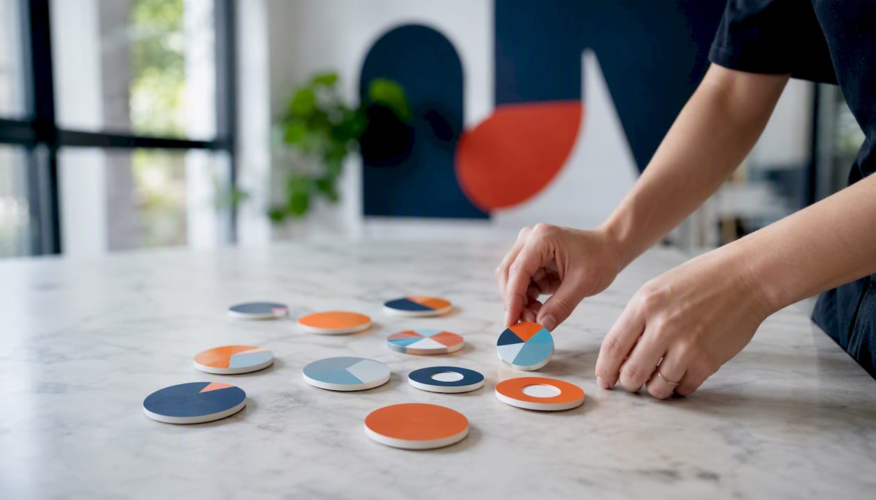 Hände ordnen und überprüfen Marketing-Kennzahlen auf ausgebreiteten Diagrammen am Tisch.