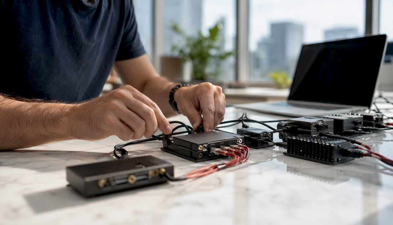 Hände setzen modulare Technik-Bauteile zusammen