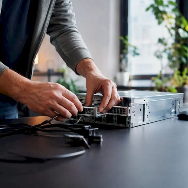 Ein Entwickler baut Serverhardware zusammen und verbindet die einzelnen Komponenten miteinander.