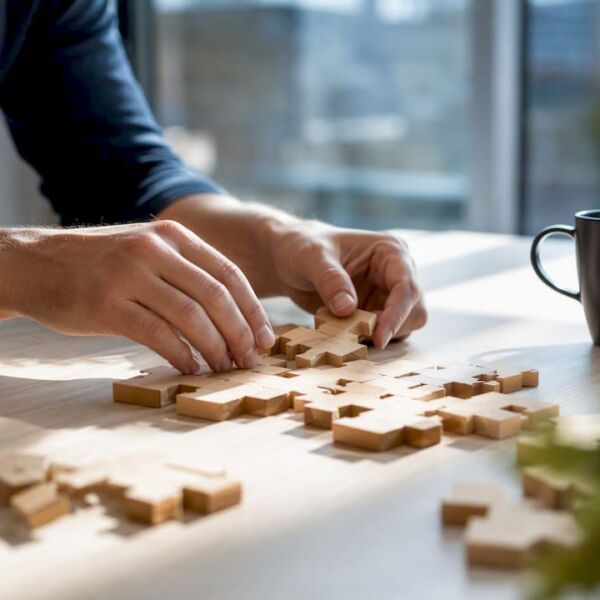 Hände setzen einzelne Puzzleteile auf einem Schreibtisch zusammen.