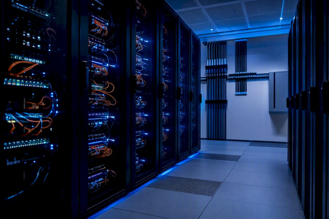 Leuchtende Netzwerkkabel im Serverschrank sorgen für eine futuristische Atmosphäre im Rechenzentrum.