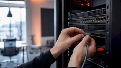 Eine Hand steckt ein Netzwerkkabel in ein Servergerät.