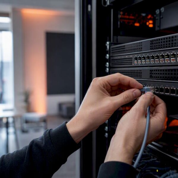 Eine Hand steckt ein Netzwerkkabel in ein Servergerät.