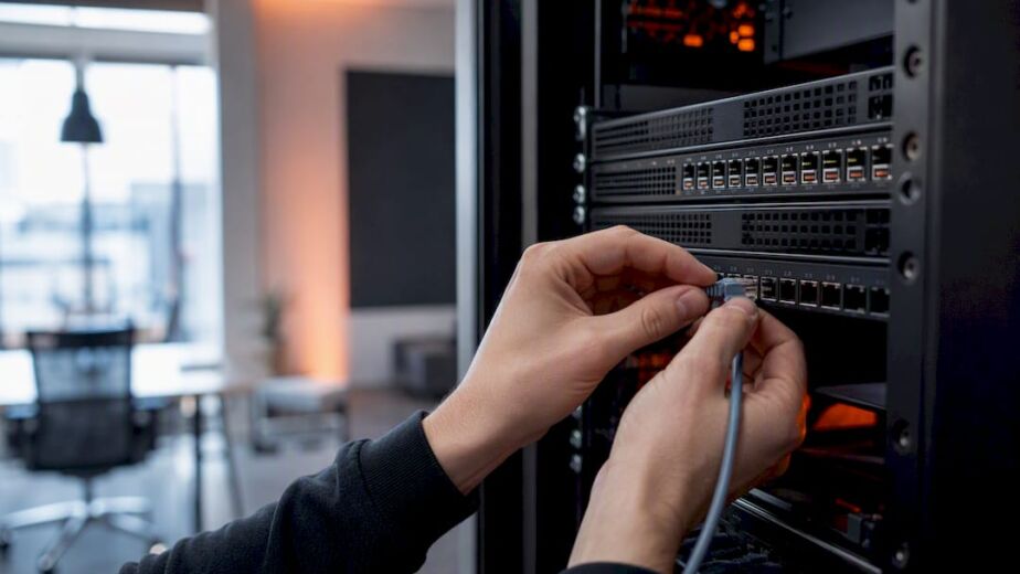 Eine Hand steckt ein Netzwerkkabel in ein Servergerät.