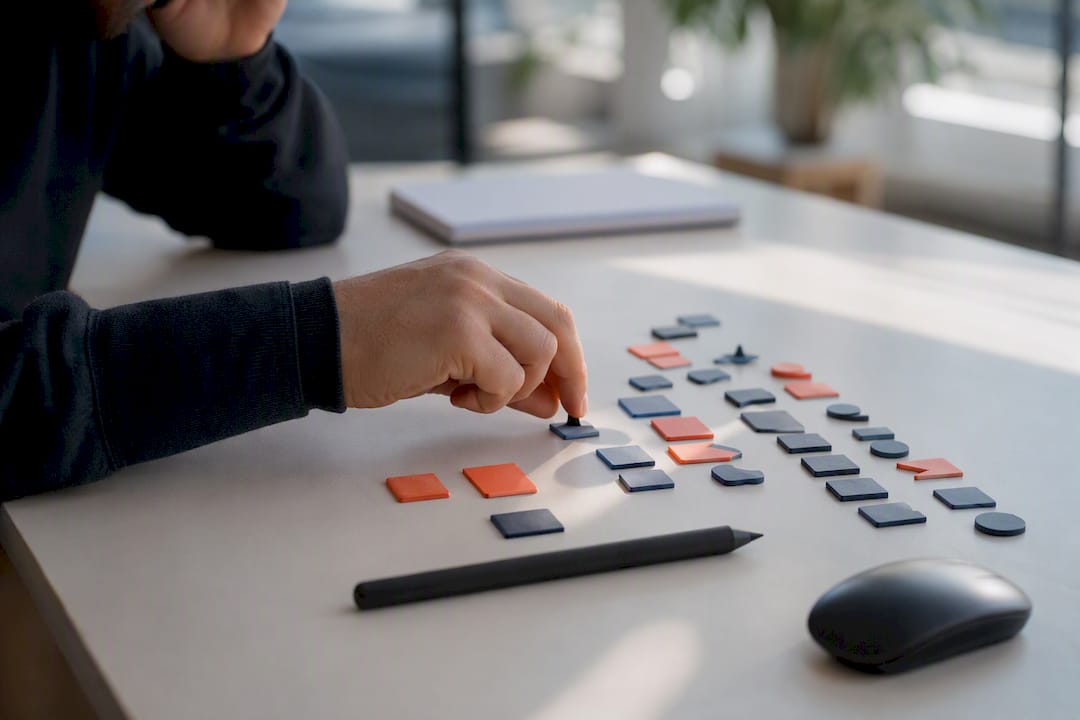 Hand, die modulare Token auf dem Schreibtisch anordnet