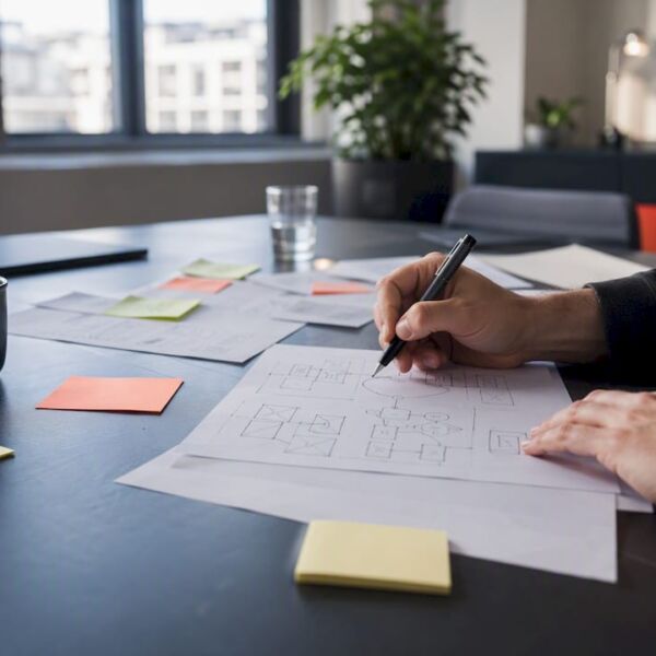Hände, die Konzepte des Domain-Driven Designs skizzieren
