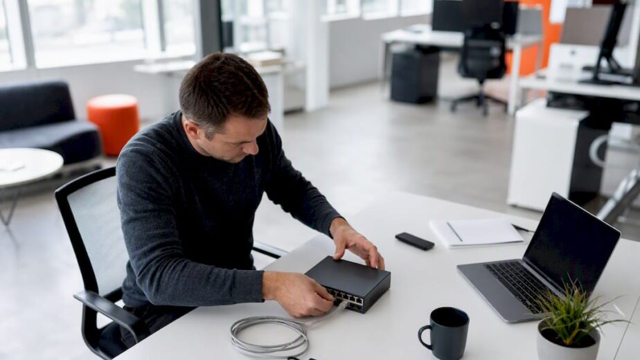 Hände, die ein Netzwerkgerät in einem modernen Büro anschließen