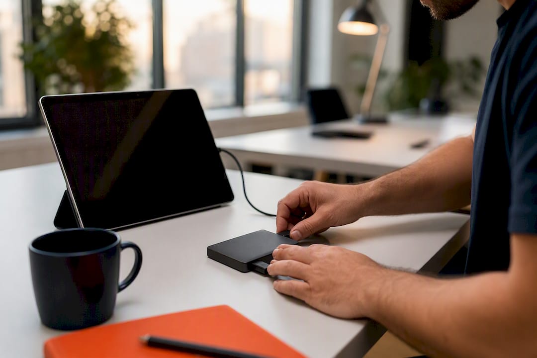 Hände schließen eine externe Festplatte in einem Technik-Arbeitsbereich an