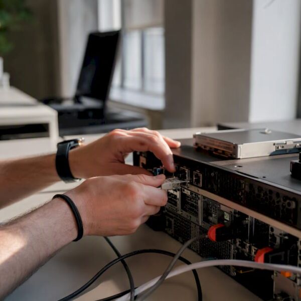 Hände, die technische Hardwarekomponenten verdrahten