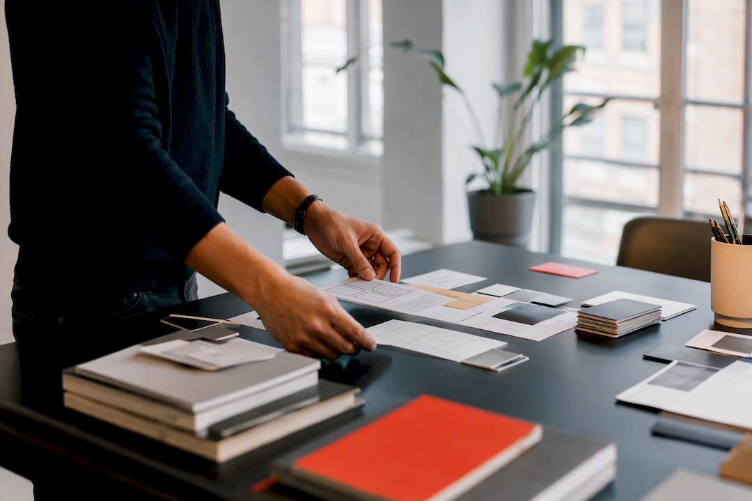 Hände, die Design-Prototypkarten anordnen