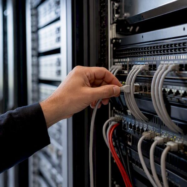 Hand verbindet Kabel mit Server-Rack