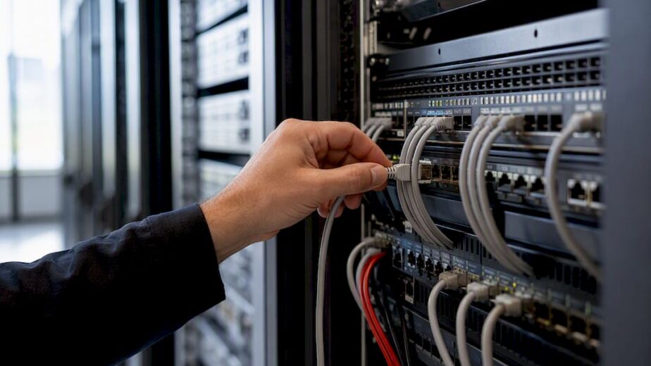 Hand verbindet Kabel mit Server-Rack