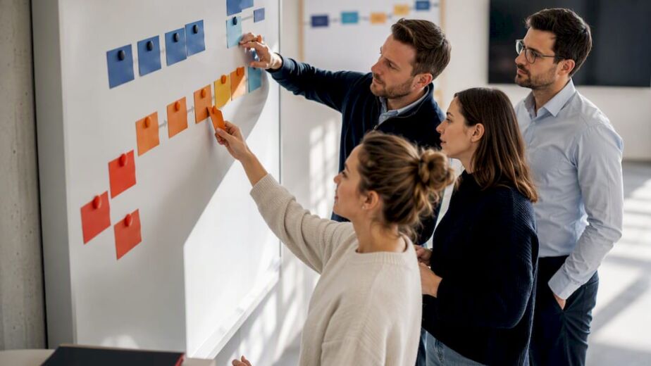 Team sortiert ERP-Prozesskarten im Workshop
