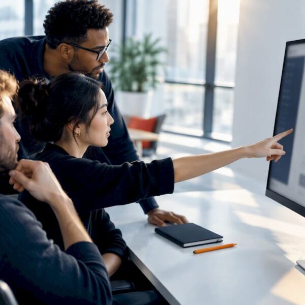 Das Team begutachtet den Prototypen des Kundenportals am Bildschirm