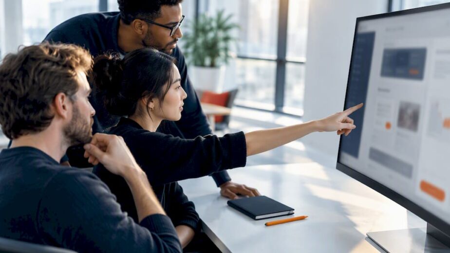 Das Team begutachtet den Prototypen des Kundenportals am Bildschirm