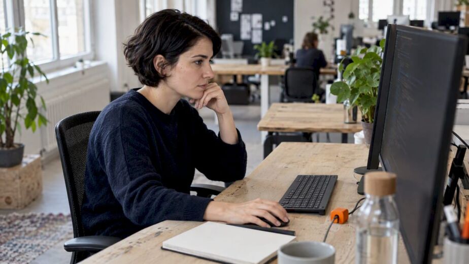 Entwicklerin überprüft strukturierte Daten am Arbeitsplatz