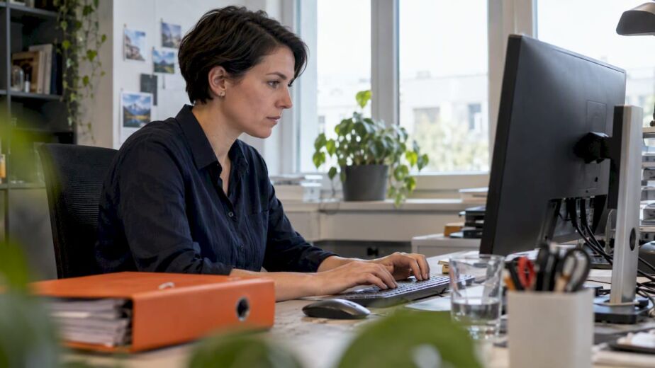 Mitarbeiterin im Finanzbereich prüft Zahlungseingang